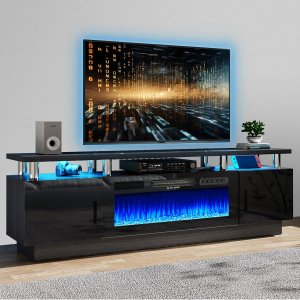 Oneinmil Soporte de TV moderno con chimenea eléctrica de 70 pulgadas para televisores de hasta 80 pulgadas, con llama electrónica y luces LED, centro de entretenimiento de lujo con acabado brillante.