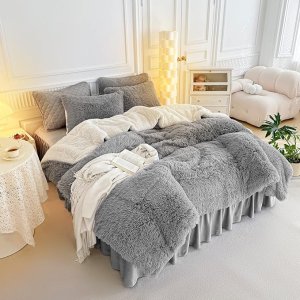Conjunto de Edredón de Piel Falsa Gris Full/Queen de 3 Piezas - 1 Edredón Peludo 90x90 y 2 Fundas de Almohada de Piel, Ultra Suave y Fácil de Cuidar, Conjunto de Ropa de Cama de Lujo Sherpa, Super Cálido y Peludo para Invierno.