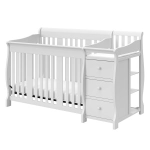 Cuna convertible 5 en 1 Storkcraft Portofino y cambiador (blanco): cambiador combinado con cajón, se convierte en cama para niños pequeños, sofá cama con cajón de almacenamiento de tamaño completo