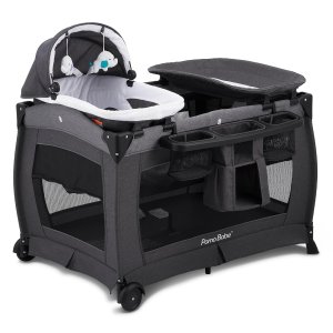 Pamo Babe Deluxe Nursery Center, corralito plegable para bebés y niños pequeños, cuna, colchón, cambiador para recién nacidos (negro)