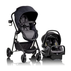 Sistema de viaje modular Evenflo Pivot con asiento infantil para automóvil LiteMax con barra antirrebote (gris informal)